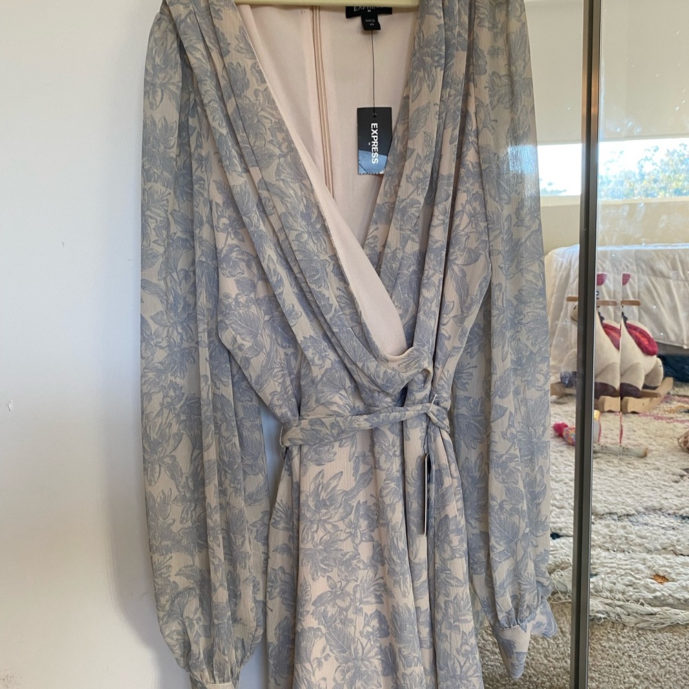 Express White and Blue V Neck Romper
